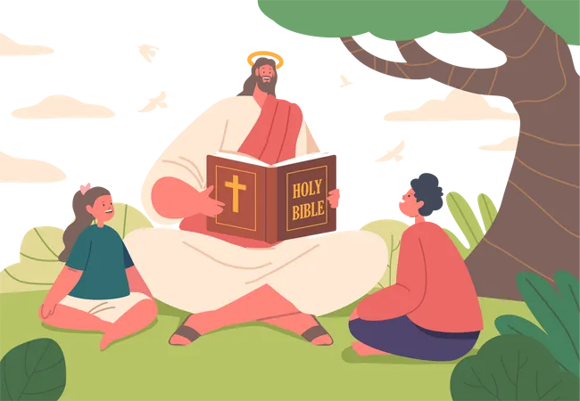 Jesús sentado en el campo y compartiendo historias eternas  Ilustración