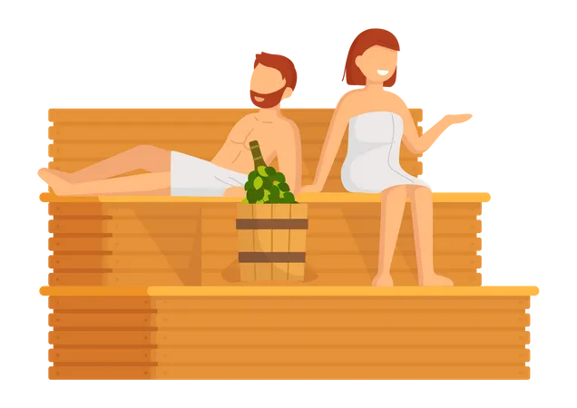 Jeune couple prenant un bain de vapeur ensemble  Illustration