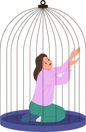 Jeune femme déprimée piégée dans une cage, se sentant effrayée et impuissante  Illustration