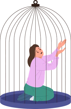 Jeune femme déprimée piégée dans une cage, se sentant effrayée et impuissante  Illustration