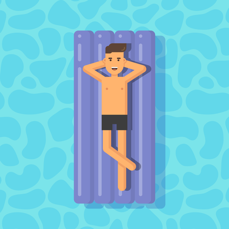 Jeune homme flottant sur un matelas dans une piscine  Illustration