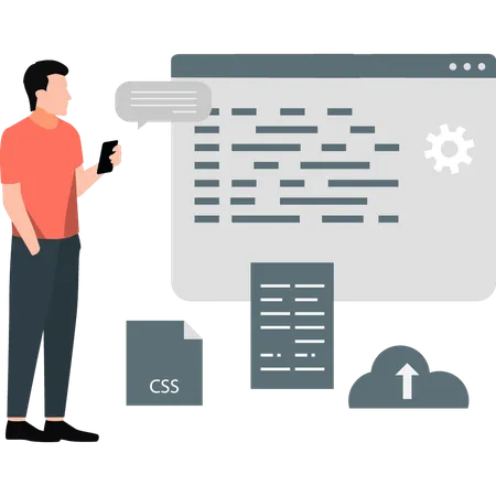 Un jeune homme configure le transfert de données dans le cloud  Illustration