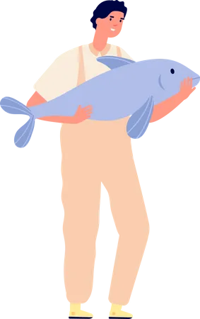 Jeune homme tenant un poisson  Illustration