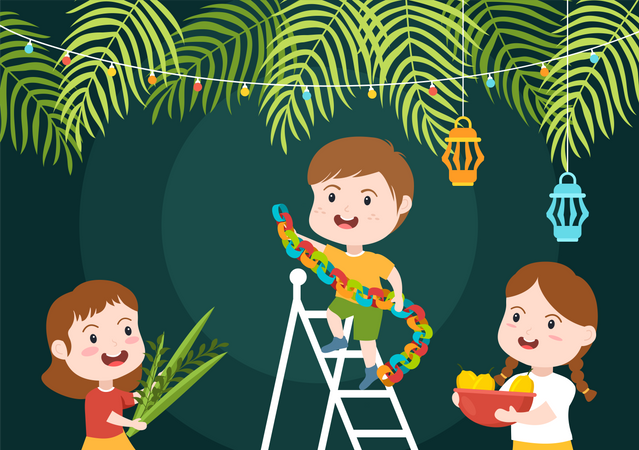 Jewish kids decorating for Sukkot  Illustration