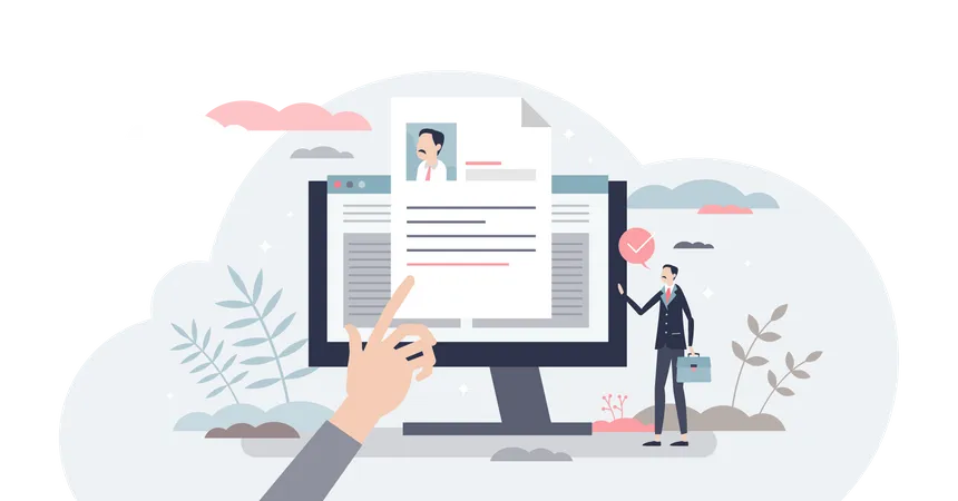 Job description and work duties and tasks information tiny person concept. Document with responsibility and position specification for new staff member vector illustration. Human resources hiring form  일러스트레이션