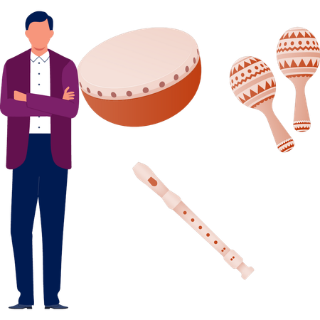 Jovem apresentando flauta e maracas  Ilustração