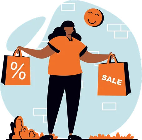 Menina fazendo compras à venda  Ilustração