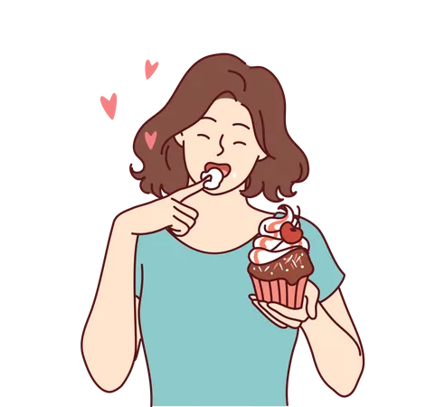 Mulher jovem comendo cupcake  Ilustração