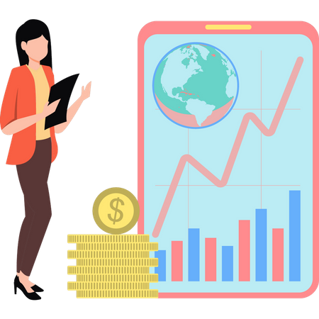 Jovem olhando para o gráfico da economia  Ilustração