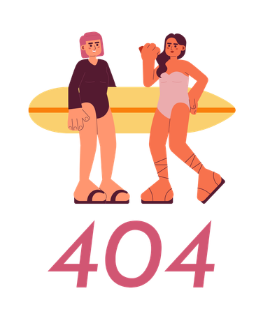 Meninas jovens surfistas com prancha de surf na praia erro 404  Ilustração