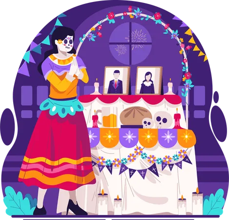 Jovem vestida com fantasia de calavera Catrina rezando perto do altar  Ilustração