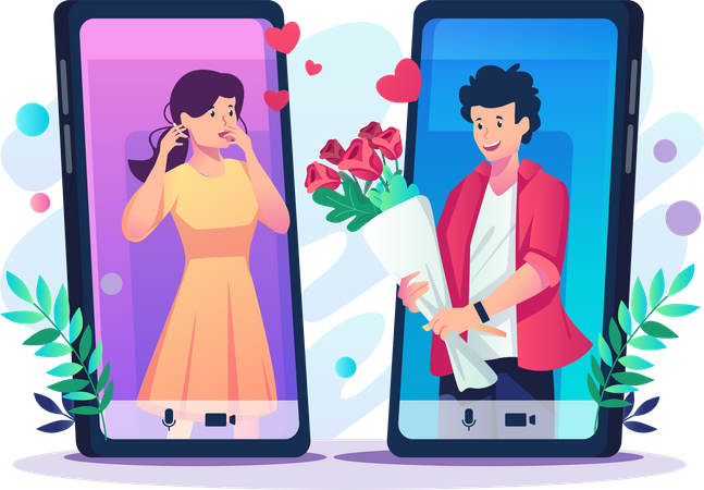 Un joven amante regalando flores a su novia a través de un teléfono inteligente.  Ilustración