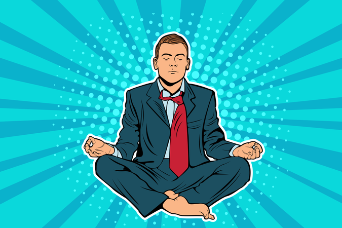 Joven empresario sentado en posición de loto ilustración de vector de cómic de arte pop. Hombre tranquilo en traje de negocios meditando. Emprendedor participa en prácticas espirituales para el equilibrio mental y el alivio del estrés  Ilustración