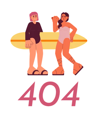 Chicas jóvenes surfistas con tabla de surf en la playa error 404  Ilustración