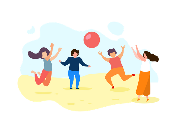 Heureux groupe d'enfants jouent au ballon à la plage  Illustration