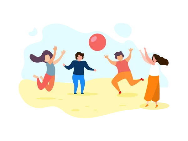 Heureux groupe d'enfants jouent au ballon à la plage  Illustration