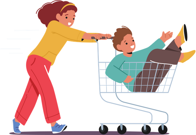 Joyful Kids Riding Supermarket Trolley  イラスト