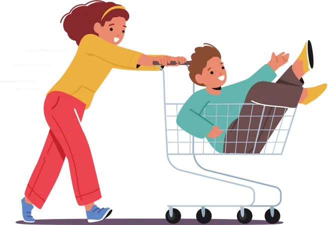 Joyful Kids Riding Supermarket Trolley  イラスト