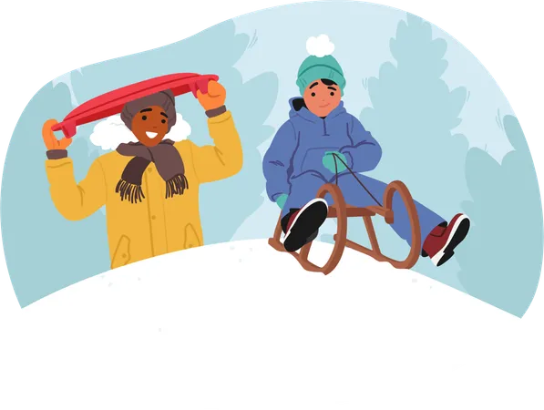 Joyful Kids Zoom Down Snowy Slopes  일러스트레이션