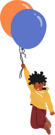 Joyful Little Boy Character Soar Through The Sky with Colorful Balloons  일러스트레이션