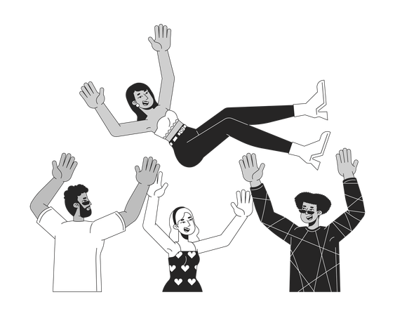 Joyful multiracial friends throwing hindu female in air  Illustration