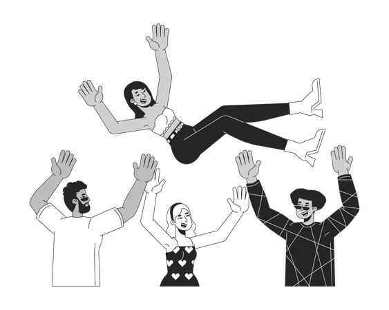 Joyful multiracial friends throwing hindu female in air  Illustration