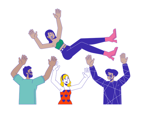 Joyful multiracial friends throwing hindu female in air  Illustration