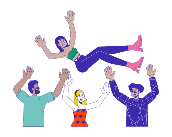 Joyful multiracial friends throwing hindu female in air  Illustration