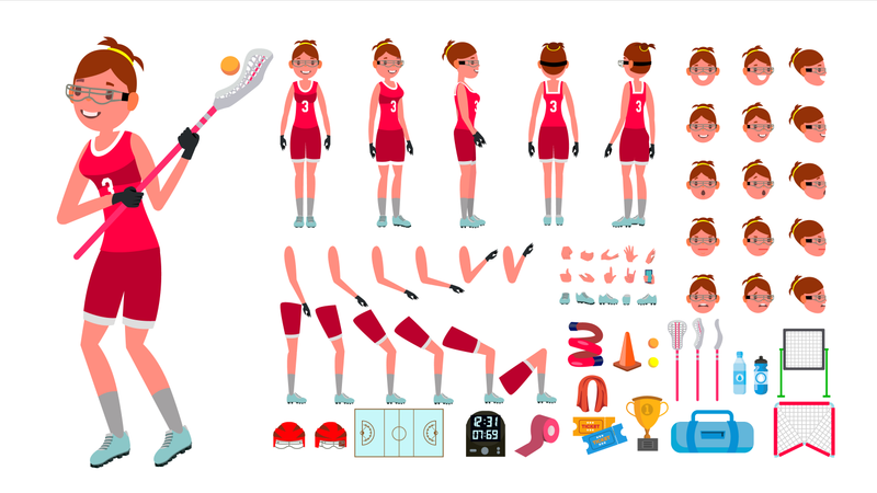 Vector femenino del jugador de Lacrosse. Conjunto de creación de personajes animados. Chica S Lacrosse. Jugadora Mujer. De cuerpo entero, de frente, de costado, accesorios, poses, emociones faciales, gestos. Ilustración de dibujos animados plana aislada  Ilustración