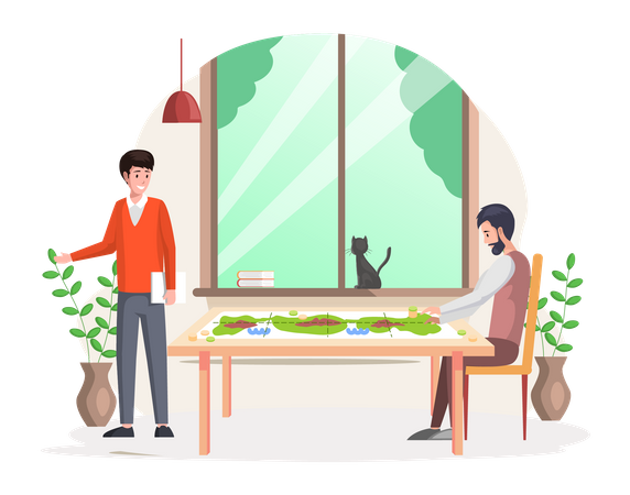 Jugar al juego de mesa lógico de estrategia en casa.  Ilustración