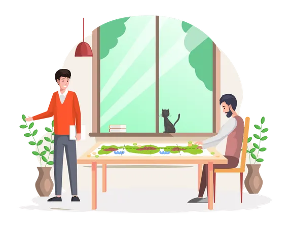 Jugar al juego de mesa lógico de estrategia en casa.  Ilustración