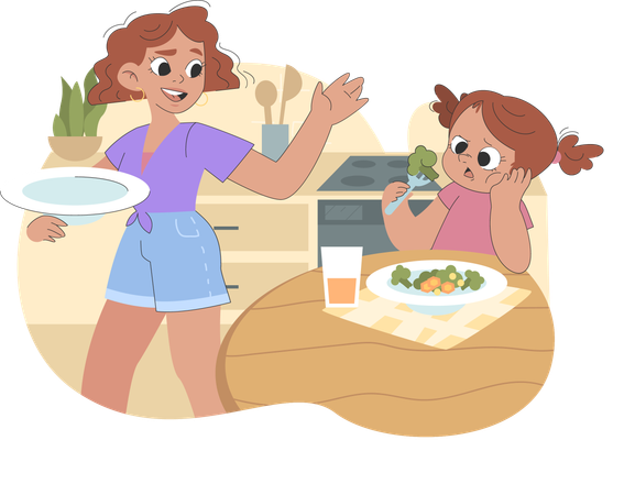 Kid eating meal on dinner table  Illustration