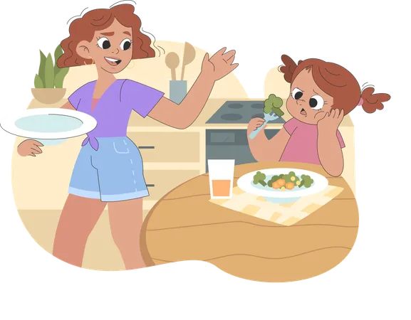 Kid eating meal on dinner table  Illustration