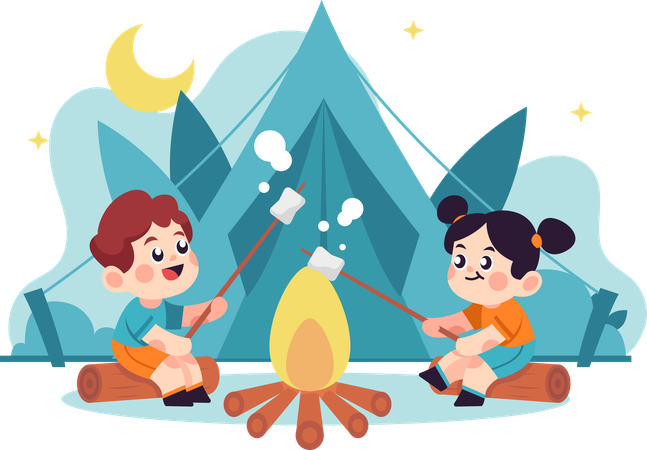 Kids camping and roasting marshmallows  Illustration