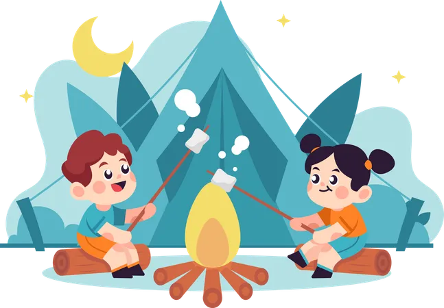 Kids camping and roasting marshmallows  Illustration