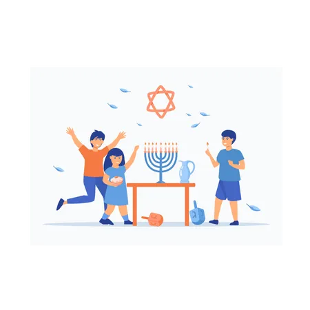 Kids celebrating Hanukkah by lighting candles  Illustration