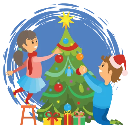 Kids decorating christmas tree  Illustration