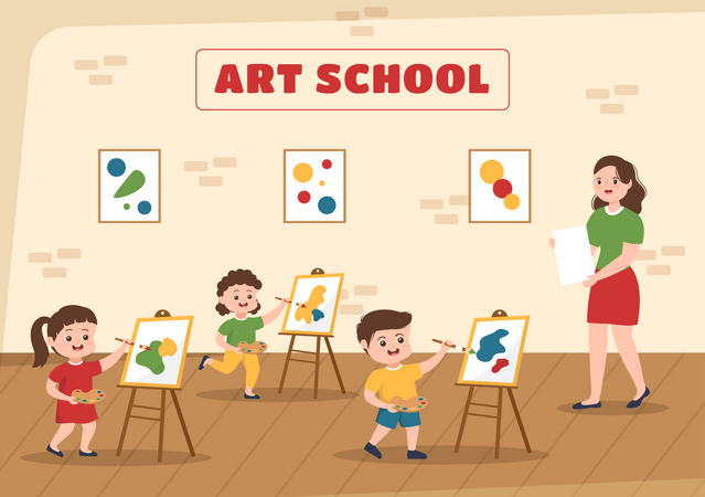 Kids learning art at art school  Illustration