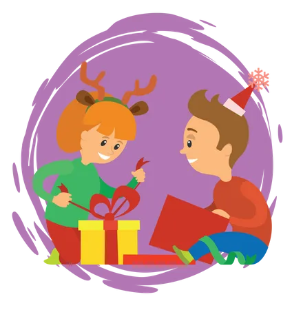 Kids opening christmas gifts  Illustration