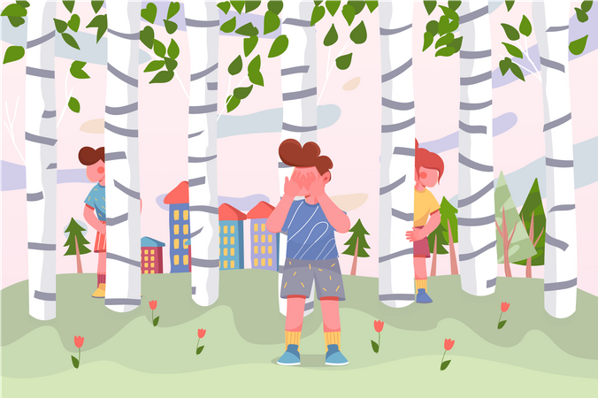 Kids playing in birches  イラスト