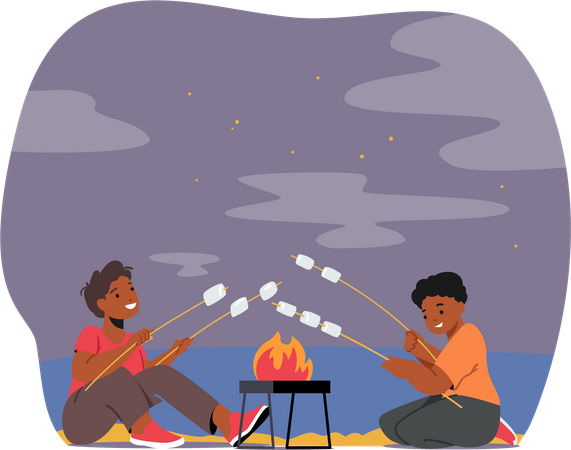 Kids roasting marshmallow at campfire  Illustration