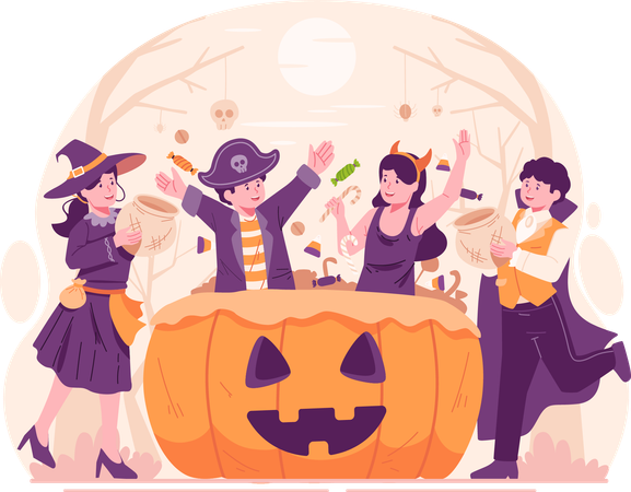 Kids Wearing Halloween Costumes and Having Fun With Large Pumpkin Basket Filled With Sweets and Candies  イラスト