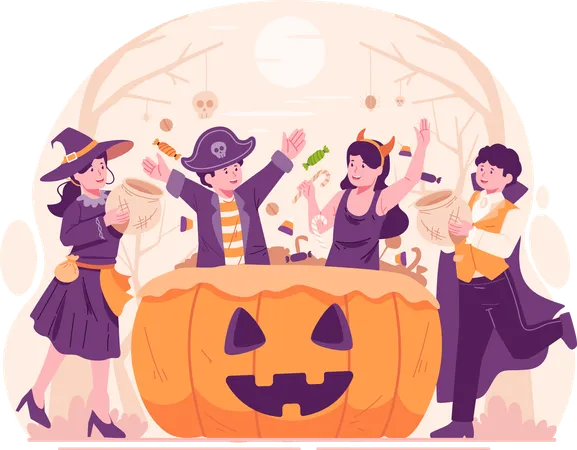 Kids Wearing Halloween Costumes and Having Fun With Large Pumpkin Basket Filled With Sweets and Candies  イラスト