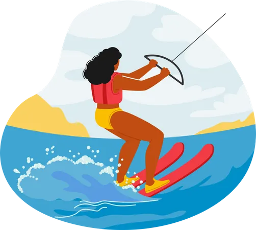 Kitesurfista femenina se desliza sobre las olas  Ilustración