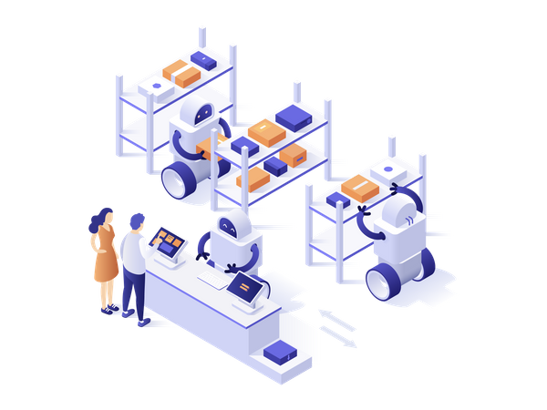 Kunden stehen an der Theke und Roboter arbeiten im Lager  Illustration