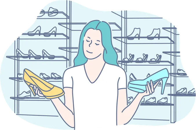 La fille est confuse lors de l'achat de chaussures  Illustration