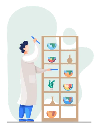 Laboratory assistant stands near a cabinet with shelves with flasks and halves of globes  Illustration