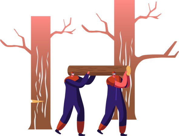 Laborers Carrying Heavy Wooden Log on Shoulders in Forest  Illustration