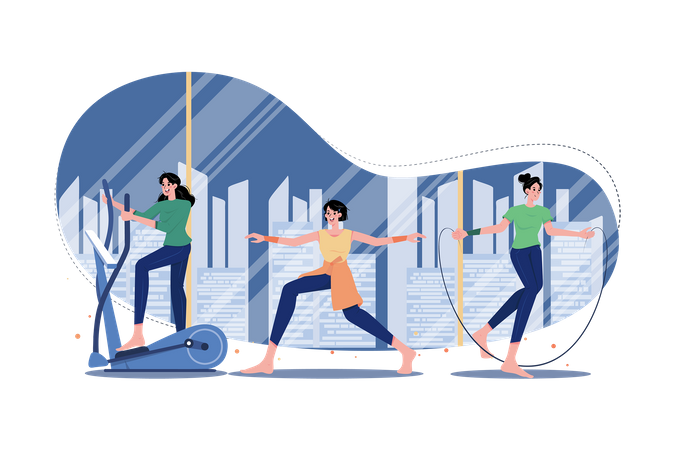 Ladies Doing Exercise And Gym Activity  Illustration