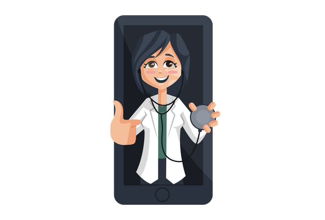 Lady Doctor with stethoscope on mobile Screen  イラスト